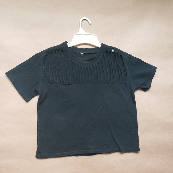 Black Longer Crop Top With Peekaboo Chest Detail - Picture 2 of 4